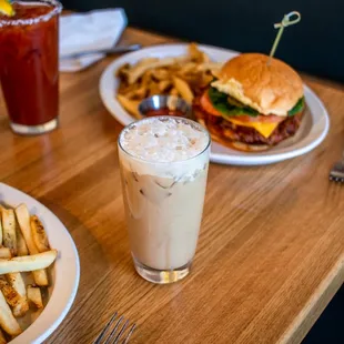 a burger, fries, and a drink