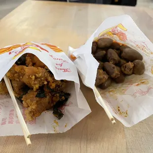 Got some popcorn chicken and some chicken hearts. I promise you it's good. Try something new today.