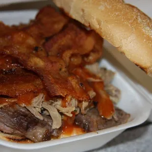 BBW sandwich (brisket, pulled pork, bacon)