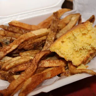 Fries were good but the corn bread was dry