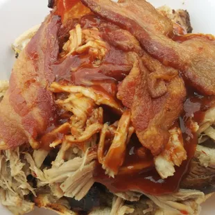 Pulled pork, brisket and hickory smoked bacon