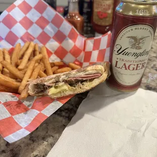Cuban sandwich with fries and a beer!