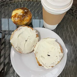 bagel, pumpkin muffin, latte