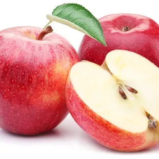 two red apples with a green leaf