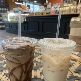 Frozen mocha with hazelnut and toasted marshmallow syrup and a iced chai latte.