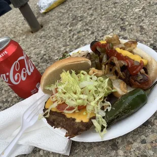 Hamburger and bacon wrapped hot dog