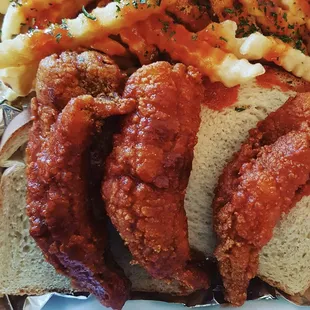 a chicken sandwich and french fries