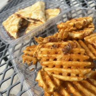 Brisket Quesadilla with waffle fries
