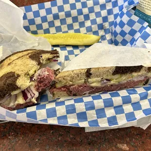 Had to take a bite, so yummy pastrami sandwich on marble rye