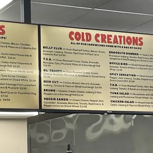 Cold sandwich menu