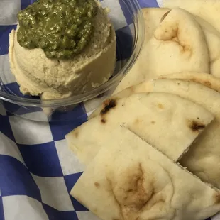 Hummus with Pesto, served with toasted Naan