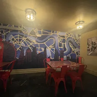 red chairs and tables