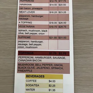 Pizza and drink options.