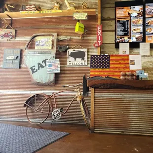 a bicycle parked in the garage