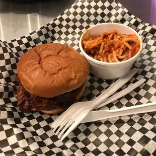 Small Burnt ends sandwich with a small side of BBQ spaghetti