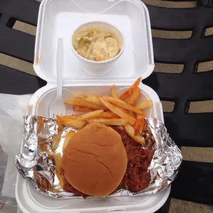 Pulled pork BBQ sandwich, fries and squash casserole. Mmmm