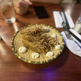 Fried enoki mushrooms with lemon mayo is so good!