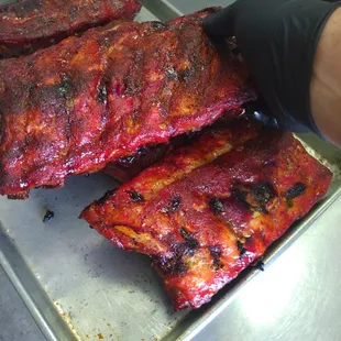 Fresh Smoked ribs right off our on site smoker!