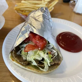 Gyros and Steak Sandwich each come with fries