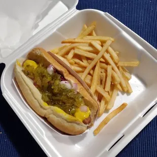 hot dog (mustard, onion, relish) and fries