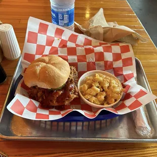 Pulled pork sandwich and Mac and cheese