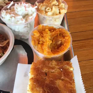 Several sides! (Mac &amp; cheese, creamy slaw, sweet potato casserole and cornbread)