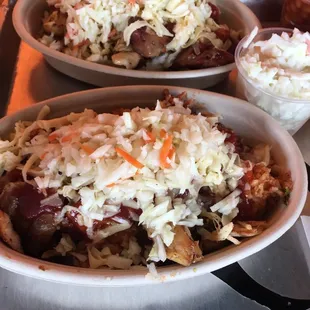 Bowls with pulled chicken (and all three types of slaw!)