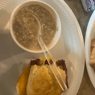 Bacon, egg, and cheese biscuit and brown sugar oatmeal.