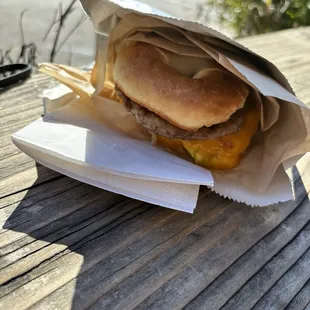 Breakfast sandwich on a bagel with sausage! Delicious!