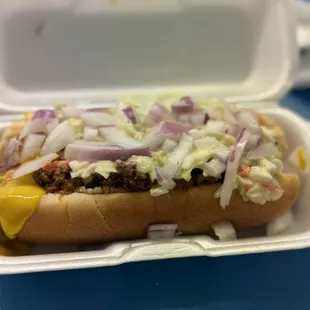 Loaded hotdog with chili and cheese