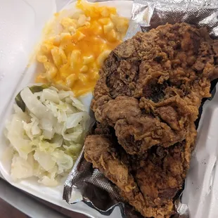 Pork chop plate with cabbage and mac