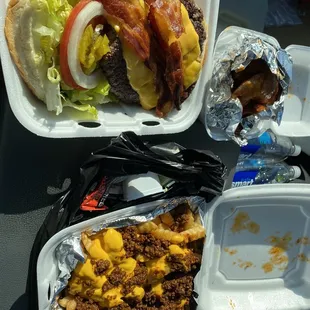 Bacon cheeseburger, wings, chili cheese fries