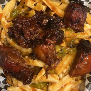 Brisket Burnt Ends Green Chili Cheese Fries