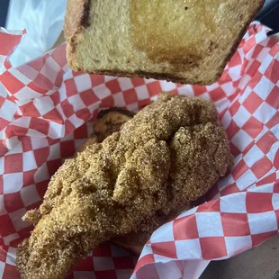 shows a piece of breaded chicken