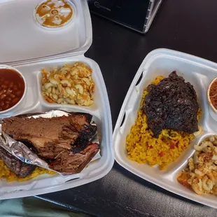 2 meat platter. Left: jamaican jerk chicken, and brisket, Mac n cheese and bbq beans Right: Jamaican jerk chicken pulled pork and mac