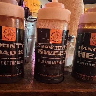 BBQ sauces on the table. The middle one is almost a bit too sweet, but still had good flavor.
