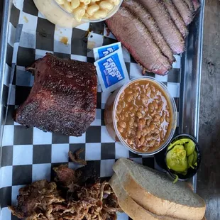 Built own platter with: 1/4 ribs,1/2pork,1/2brisket,cup beans and pint Mac