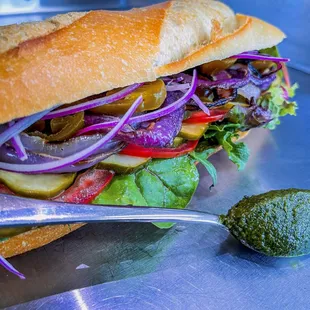 Veggie sandwich and freshly prepared pesto