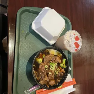 Braised Beef, Veg. Spring Roll, cappuccino milk tea