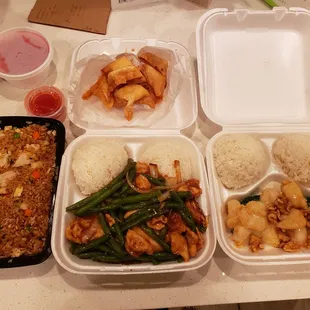 Chicken fried rice  Chicken green beans  Walnut shrimp  Crab puffs