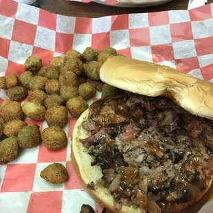 a hamburger and tater tots