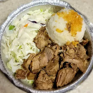 Garlic rice pork adobo.  Comes with slaw