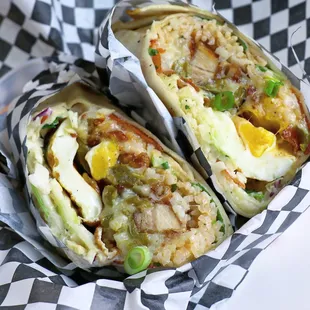 The Bug Boy burrito with garlic chicken, egg, and jalapeño popper patty