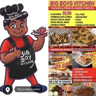 the menu for the big boys kitchen