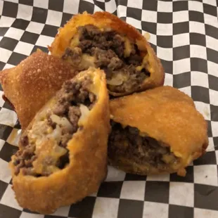 Cheeseburger eggrolls also comes in corn beef and pool pork