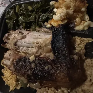 Burnt and taste burnt too, greens no flavor , Mac and cheese dry and no flavor