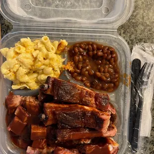 Ribs, brisket with Baked Beans and Mac N Cheese