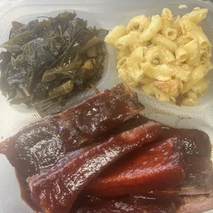 2 Way Combo - Ribs and chicken w/ collard greens and Mac &amp; cheese