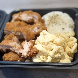 Hot dish of Chicken Katsu with dope ass Mac Salad and Rice..