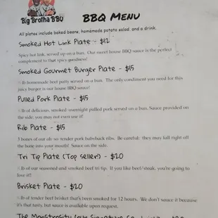 the menu for the big brotha bbq